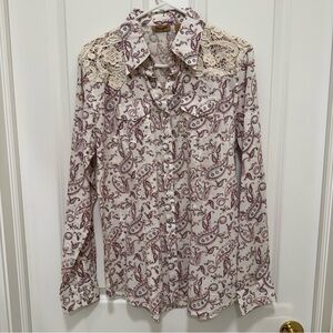 Wrangler Burgundy Paisley Pearl Snap Lace Embroidered Western Shirt Size M